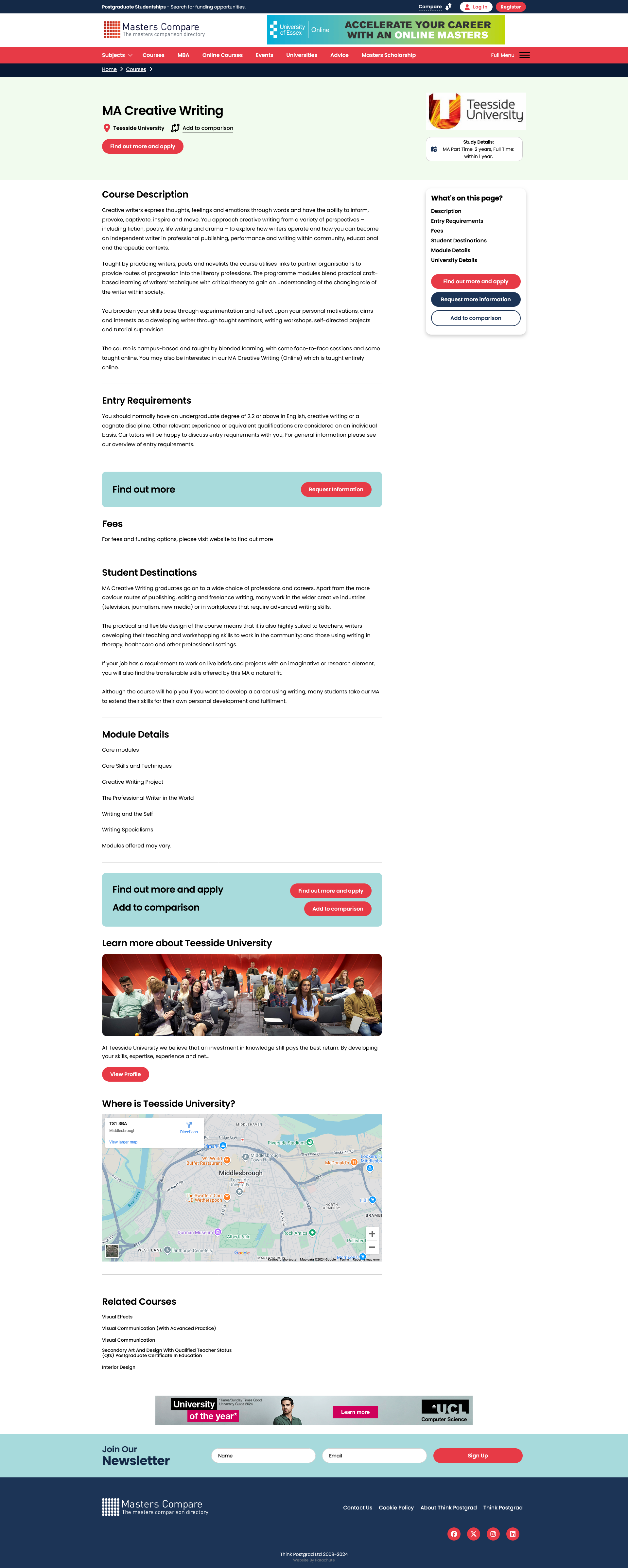 Basic Listing MA Creative Writing from University of Teeside